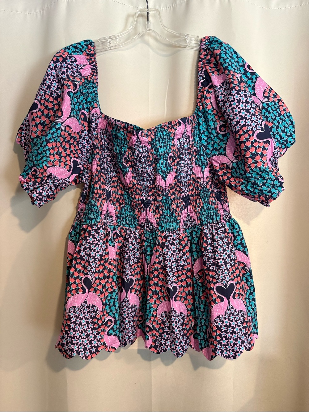 Simply Southern Pink & Teal Puff-Sleeve Smocked Peplum Top